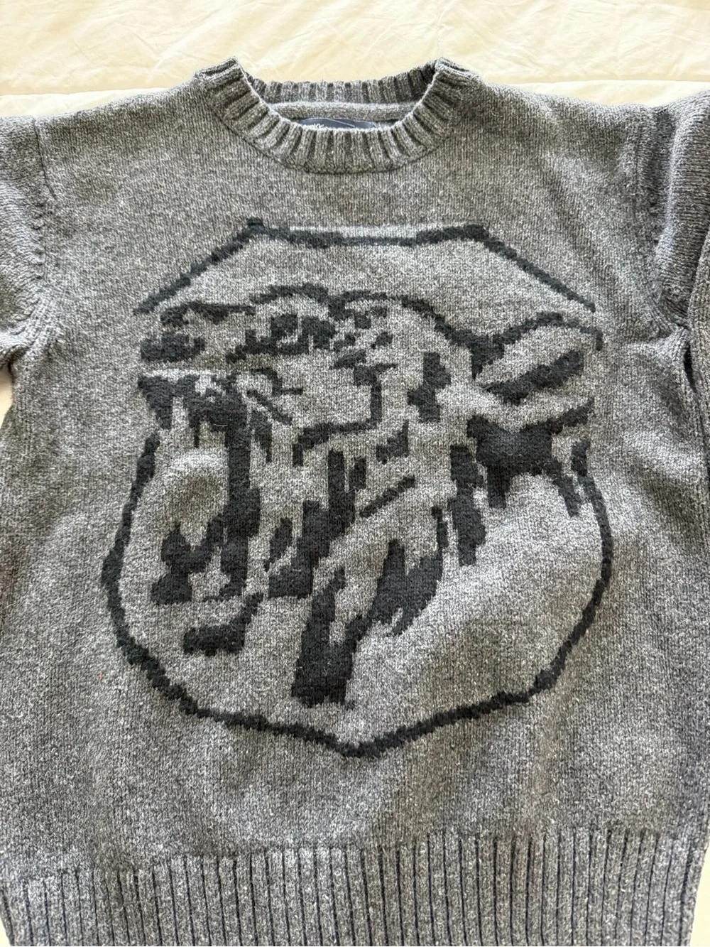 GAP kids Dark Gray Crewneck Sweater with Intarsia Tiger Motif